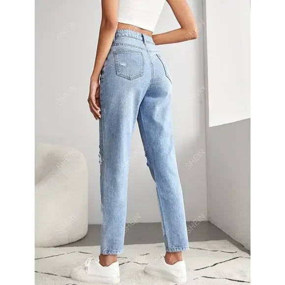 Shein Light Wash High Rise Straight Leg Mom Jeans Ripped Knee Large 30" - Picture 4 of 10